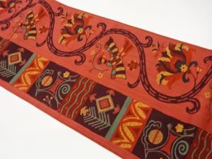 抽象花唐草に鳥・動物模様織出し洒落袋帯